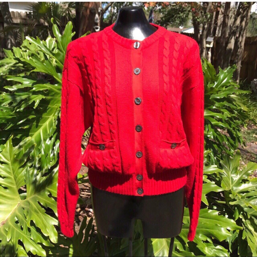 Vintage Red Lizsport Cable Knit Cardigan Sweater